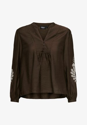 Brown long-sleeve blouse with a V-neck, button closure, and pleated front. Features white embroidered patterns on the sleeves, lightweight fabric.