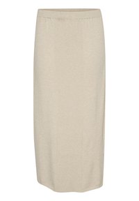 Jupe crayon en tricot beige clair, dotée d'une texture côtelée et d'une taille élastique, offrant une silhouette ajustée.