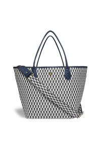 Torba na ramię w czarno-białym geometrycznym wzorze z granatowymi skórzanymi uchwytami i regulowanym paskiem. Posiada złote akcenty w hardware.