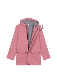 Rosa wasserdichte Regenjacke mit grauem gestreiften Innenfutter, ausgestattet mit einer Kapuze, Druckknöpfen, zwei Fronttaschen und blauen Akzenten.