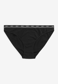 Zwarte bikinislips voor vrouwen gemaakt van zacht katoen, met een merkband in witte lettering en een gladde textuur.