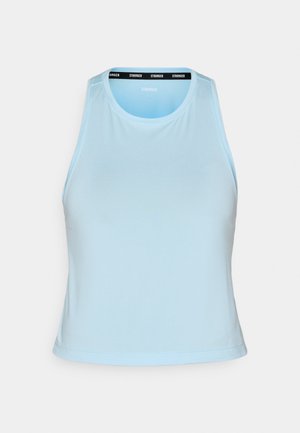 Light blue athletic tank top with a round neckline, sleeveless design, and a black branded band along the collar. Smooth texture.