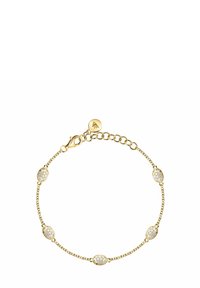 Bracciale in oro con cinque accenti ovali, ciascuno decorato con cristalli trasparenti, dotato di un gancio a moschettone e di una catena regolabile per la lunghezza.