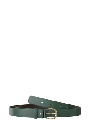 Green leather belt with a gold circular buckle, featuring a smooth texture, multiple holes, and a sleek design for adjustable fitting.