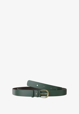 Green leather belt with a gold circular buckle, featuring a smooth texture, multiple holes, and a sleek design for adjustable fitting.