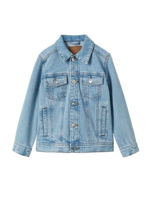Veste en denim bleu clair avec fermeture à boutons, deux poches poitrine avec boutons et deux poches latérales, présentée à plat sur fond blanc.