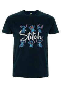 Black cotton T-shirt featuring multiple blue cartoon Stitch characters with pink ears around the word "Stitch" in white, textured lettering.