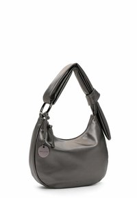 Grijze hobo tas van glad, glanzend materiaal met een geknoopte schouderband. Voorzien van een ritssluiting en een ronde logotag.