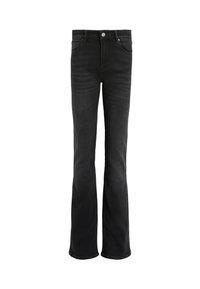 Jean en denim noir avec une taille haute et des jambes légèrement évasées, doté de poches avant et arrière et d'une fermeture par bouton.