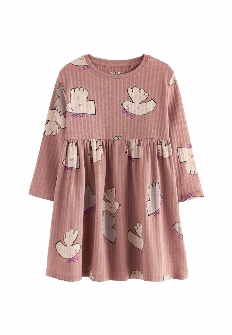 Robe rose à manches longues pour tout-petit avec taille froncée, décorée d'illustrations d'oiseaux blancs et du mot "LOVE" en violet.