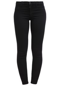 Jean slim taille haute noir avec poches avant et arrière, fermeture par bouton et passants de ceinture, présenté sur fond blanc.