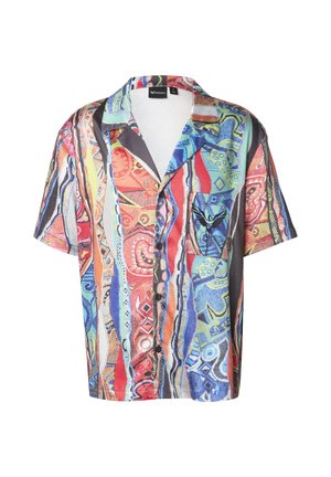 Kurzärmeliges Hemd mit Knopfleiste, verziert mit bunten abstrakten vertikalen Streifen und geometrischen Mustern in Rot-, Blau-, Orange- und Grüntönen.