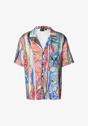 Kurzärmeliges Hemd mit Knopfleiste, verziert mit bunten abstrakten vertikalen Streifen und geometrischen Mustern in Rot-, Blau-, Orange- und Grüntönen.