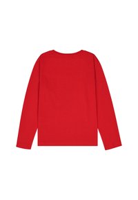 Langärmliges rotes T-Shirt aus Baumwolle. Verfügt über einen Rundhalsausschnitt und ist schlicht ohne sichtbare Muster oder Akzente auf der Rückseite.