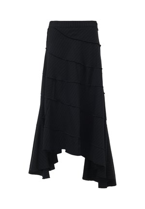 Black asymmetrical skirt with layered ruffles and an elastic waistband. Features subtle pinstripes and a flowing texture.