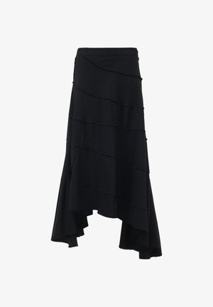 Schwarze asymmetrische Rock mit geschichteten Rüschen und einem elastischen Bund. Verfügt über dezente Nadelstreifen und eine fließende Textur.