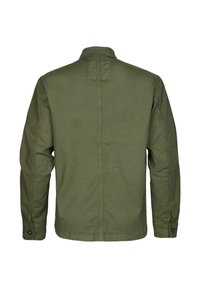 Olive green jacket with a simple design, featuring a buttoned cuff and back seam detail. Made of fabric with a smooth texture.