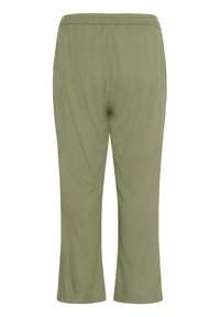 Olive green, mid-calf length pants with an elastic waistband, made from soft fabric; smooth texture and simple design without pockets.