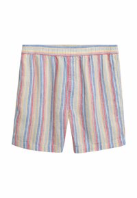 Gestreifte Badeshorts in Hellblau, Gelb und Rot. Mit elastischem Bund und einer weichen, atmungsaktiven Textur. Design in mittellanger Länge bis zum Oberschenkel.