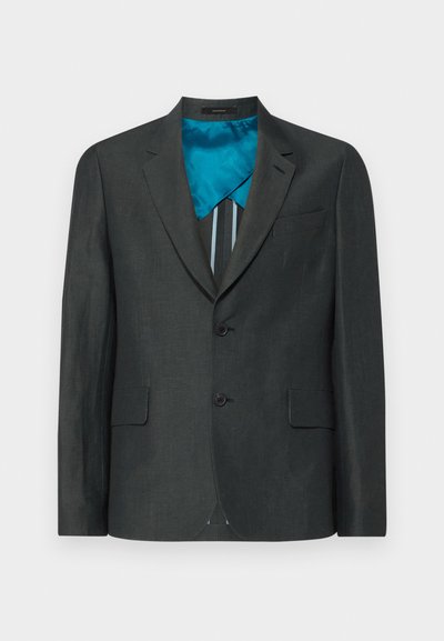 Blazer gris foncé avec deux boutons à l'avant, coupe ajustée, poche poitrine simple, doublé de tissu teal avec des rayures verticales.