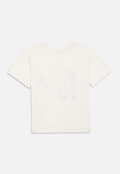 Paprastas baltas trumpomis rankovėmis priekyje apvalus kaklas marškinėliai, išdėstyti plokščiai, rodantys galinę pusę be logotipų ar raštų.