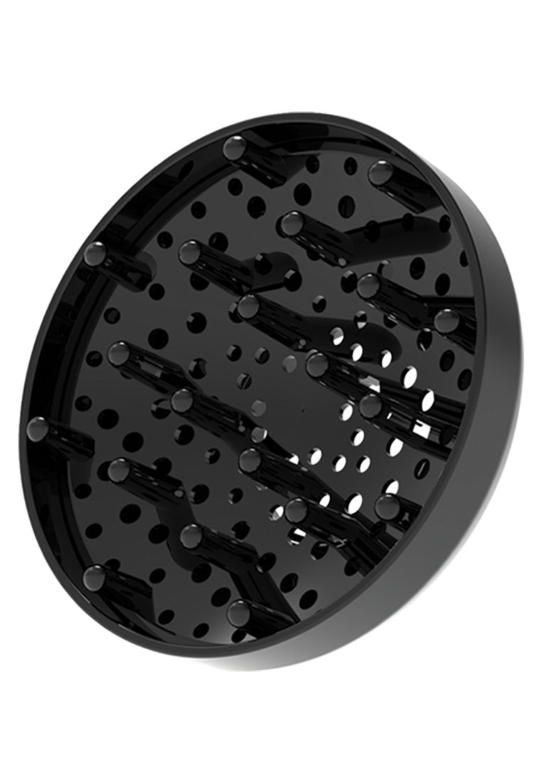 Molino redondo negro con múltiples agujeros y picos salientes para moler. Fabricado en un material duradero, con una textura suave y un acabado mate.