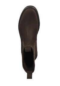 Brown leather ankle boot with elastic side panels, a rounded toe, and a fabric tab for easy wear. Textured finish on sides.