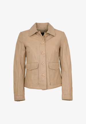 Beige leather jacket with five buttons down front, two flap pockets, long sleeves, and wide collar.