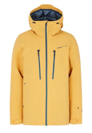 Yellow rain jacket with a hood, blue zippers, chest and side pockets, and perforated detailing on the hood for ventilation.