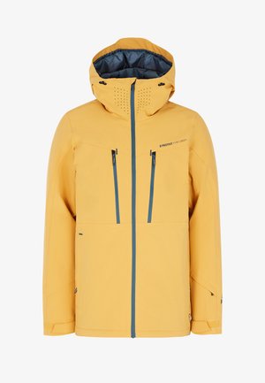 Geel regenjack met een capuchon, blauwe ritsen, borst- en zijzakken, en geperforeerde details op de capuchon voor ventilatie.