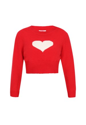 Roter, verkürzter Pullover aus weichem Strickstoff mit einem weißen Herzdesign in der Mitte. Rippstrickkragen und -ärmeln vervollständigen das Gesamtbild.