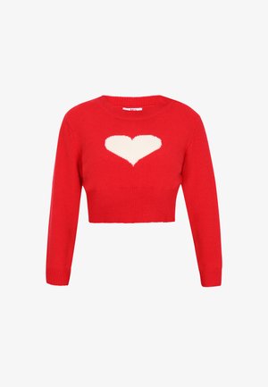 Roter, verkürzter Pullover aus weichem Strickstoff mit einem weißen Herzdesign in der Mitte. Rippstrickkragen und -ärmeln vervollständigen das Gesamtbild.