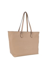 Borsa tote beige con forma strutturata, texture liscia, doppi manici e logo goffrato "JOOP! JEANS" sulla parte anteriore. Accenti in metallo argentato.