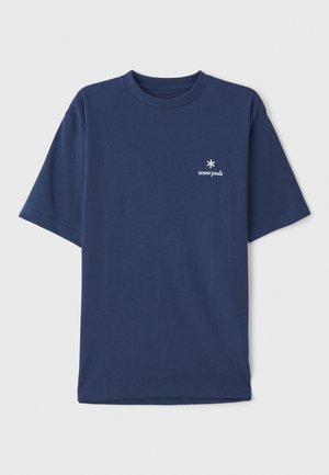 Navy blue cotton t-shirt with a crew neck, short sleeves, and a small white "snow peak" logo on the left chest area.