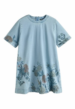 Light blue short-sleeve denim dress with round neckline and faded floral patterns along the hem, sleeves, and bottom front.