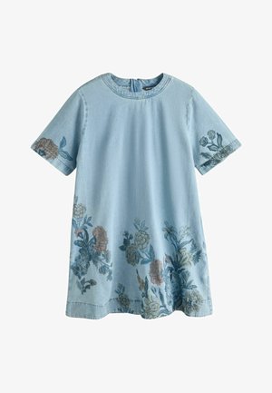 Light blue short-sleeve denim dress with round neckline and faded floral patterns along the hem, sleeves, and bottom front.