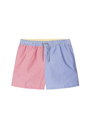 Rood en blauw gestreepte zwembroek met een elastische tailleband, trekkoorddetail en zijzakken. Katoenen stof met een gladde textuur.