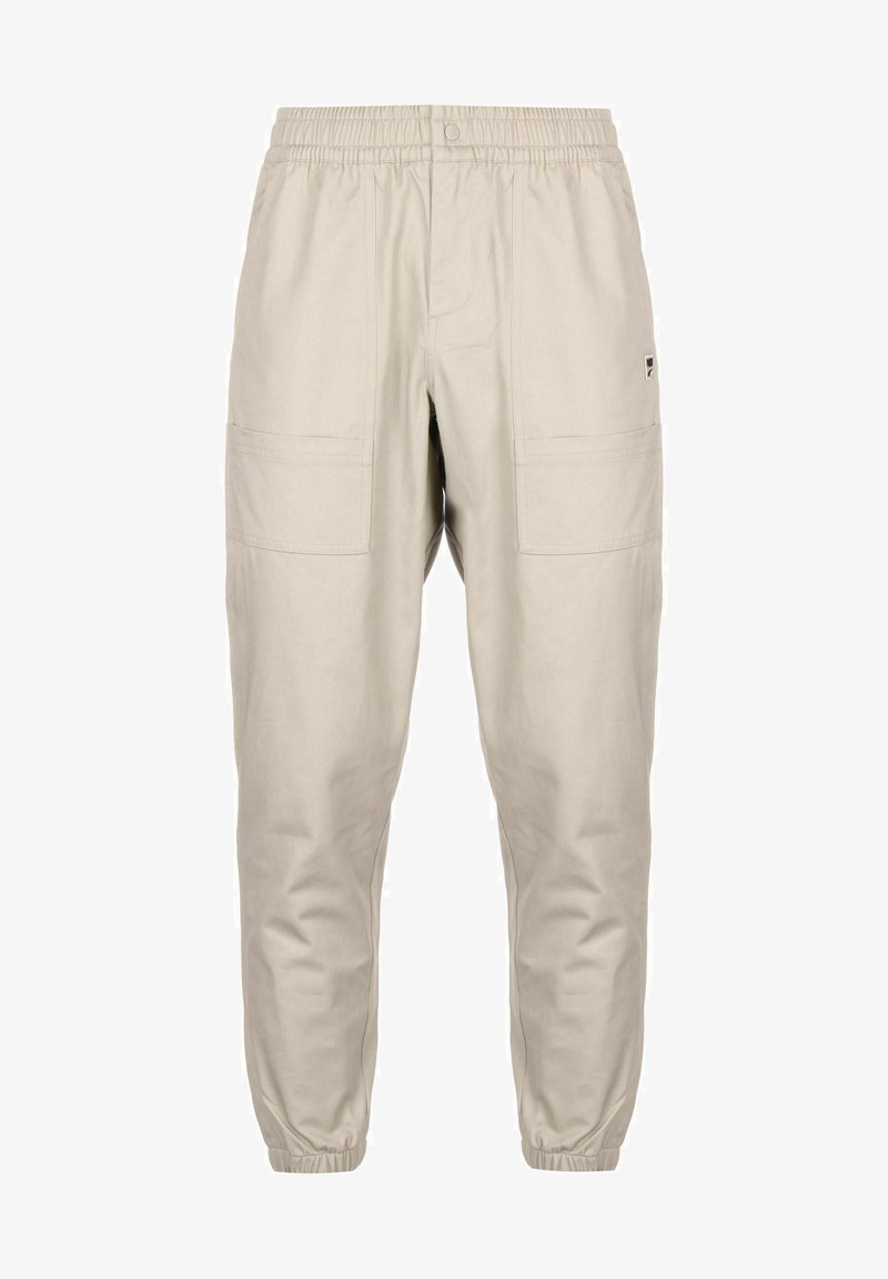 Beige cargo bukser med elastisk talje, to sidelommer og oppbrettede anklene. Laget av et lett, slitesterkt stoff.