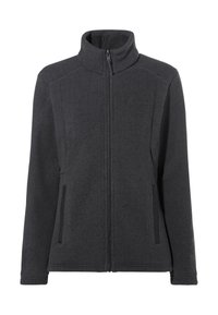 Giacca in pile grigia scura con zip frontale, colletto alto, tasche laterali e design minimalista. Texture morbida e branding discreto sul petto.