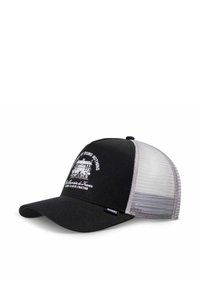 Black trucker cap with a curved brim, mesh gray paneling, and white text featuring a graphic design of a building.