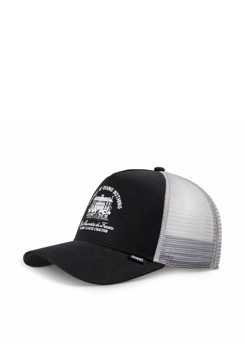 Black trucker cap with a curved brim, mesh gray paneling, and white text featuring a graphic design of a building.