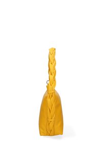 Borsa a mano gialla in pelle con manico intrecciato, texture morbida e design angolato con un corpo liscio e arrotondato.