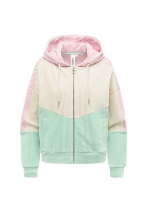 Sweat à capuche zippé en velours côtelé avec capuche et manches rose pastel, partie supérieure crème et partie inférieure ainsi que poignets vert menthe.