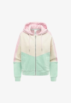 Bluza z suwakiem z sztruksu, z pastelowo różowym kapturem i rękawami, kremową górną częścią ciała oraz miętowo zieloną dolną częścią ciała i mankietami.