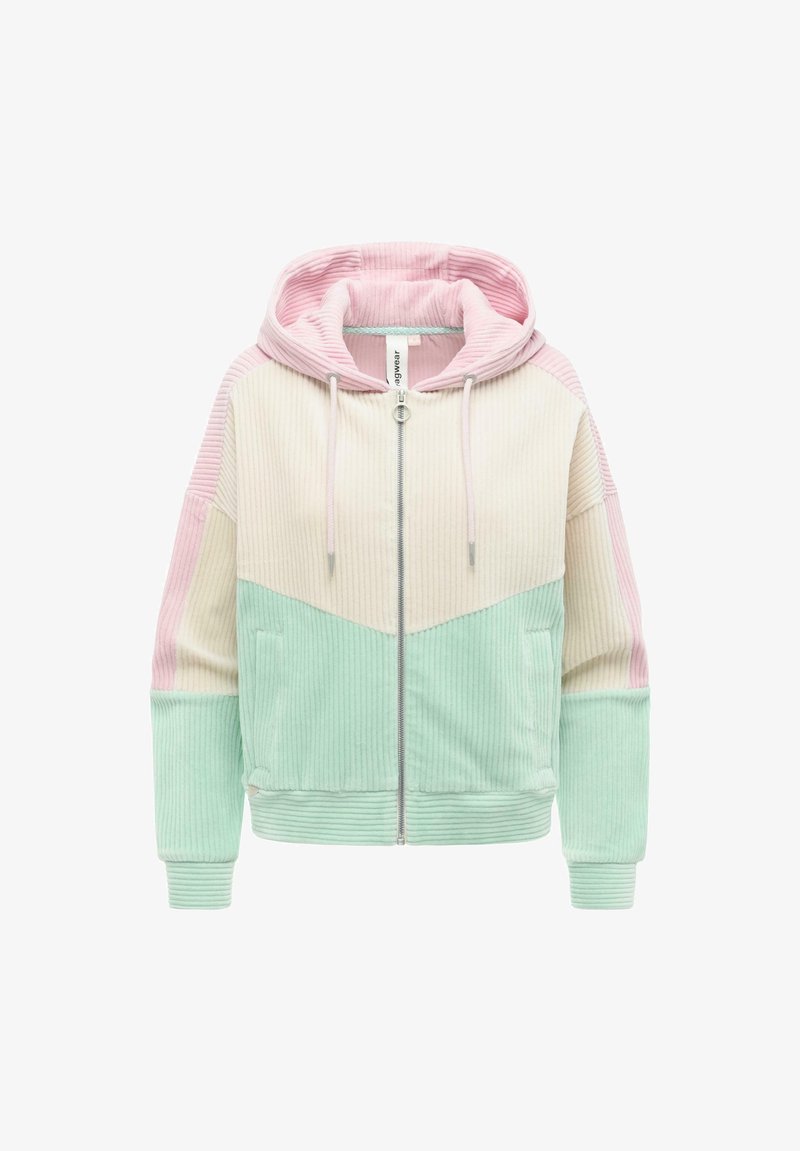 Sweat à capuche zippé en velours côtelé avec capuche et manches rose pastel, partie supérieure crème et partie inférieure ainsi que poignets vert menthe.