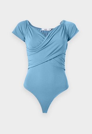Blue one-piece swimsuit with a ruched bodice and cap sleeves, made of smooth fabric. High-cut leg openings and a scoop back design.