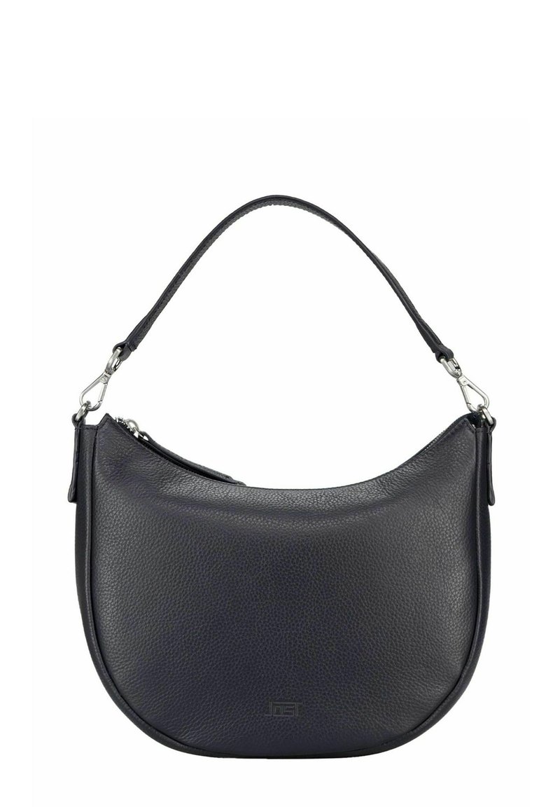 Sac à main en cuir bleu marine foncé de forme semi-circulaire, avec une fermeture éclair sur le dessus et une bandoulière réglable unique. Surface texturée avec des accents lisses.