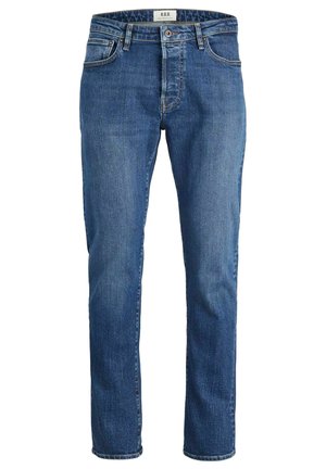 Blå denimjeans med rak passform, med fem fickor, kontrasterande sömmar och knäppning i midjan.