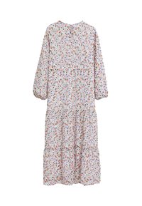 Robe à manches longues à motifs floraux, présentant un design à volants en tissu léger, avec des fleurs multicolores sur fond blanc.