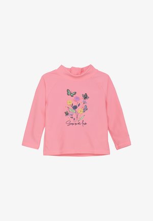 Long-sleeve pink rash guard featuring a floral and butterfly graphic with the text "Summer Love." Smooth texture, high neckline.